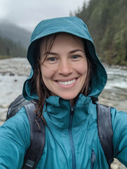 Selbstporträt eines fröhlichen Wanderers im Regen

