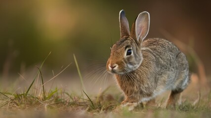 Fototapeta premium Alert Bunny in natural habitat: A close-up shot of a cute bunny in its natural habitat, showcasing the soft fur and alert expression.