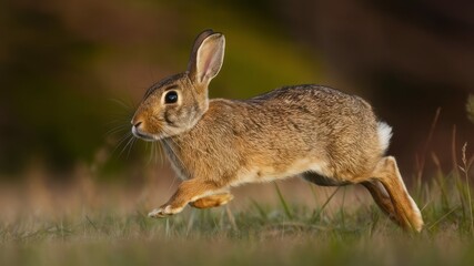 Fototapeta premium Running Rabbit in the Meadow: A swift rabbit bounds across a meadow. The sun's warm light catches its fur, capturing a moment of pure, unadulterated freedom.