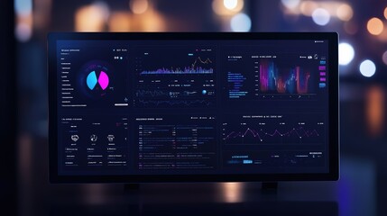 Data analytics dashboard on a desktop monitor at night.