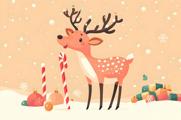 Fototapeta premium A joyful reindeer amidst bright ornaments, candy canes, and gifts, celebrating winter
