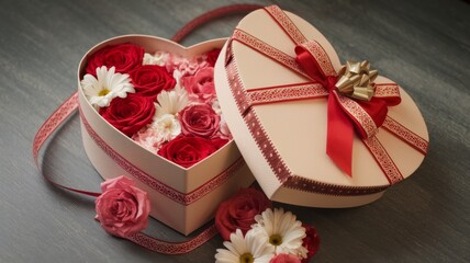 Naklejka premium A heart-shaped gift box decorated with bright flowers. The box is wrapped with a red and white ribbon with a bow on top. Background for Valentine's Day, Christmas, birthdays evoking feelings of love.