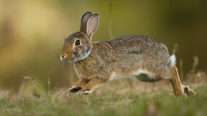 Fototapeta premium Agile Bunny: A lively bunny darts across a field of green grass, its ears alert and posture poised, capturing the essence of wild animal's movement.