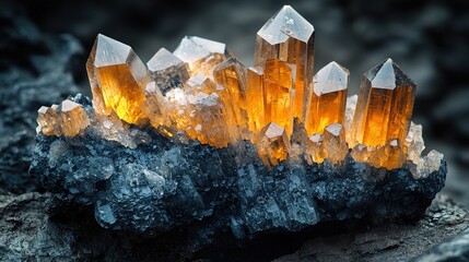 Glistening orange quartz crystals on blue rocky surface