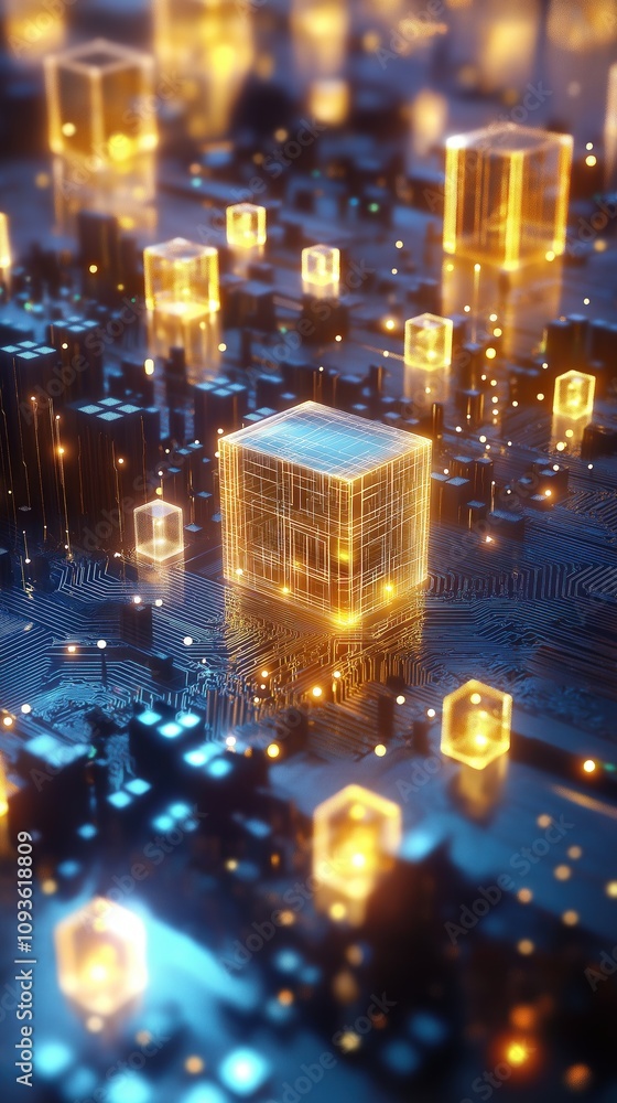 Fototapete futuristic glowing cubic chips interconnected by network of entangled quantum bits. abstract illustr