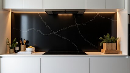 Elegant geometric patterns on a matte black backsplash elevate a contemporary kitchen with white countertops and subtle golden highlights.