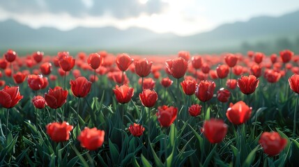 Vibrant red tulips bloom under the soft morning sun in a scenic field surrounded by mountains. Generative AI