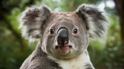 Naklejka premium Koala's Curious Gaze: a close-up captures the adorable face of a koala, known for their calm demeanor, with their distinctive features and endearing expression.