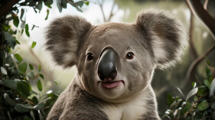 Fototapeta premium Koala's Cuteness: A close-up of a koala's face, its endearing features and fluffy ears take center stage, revealing an environment teeming with life and verdant foliage.