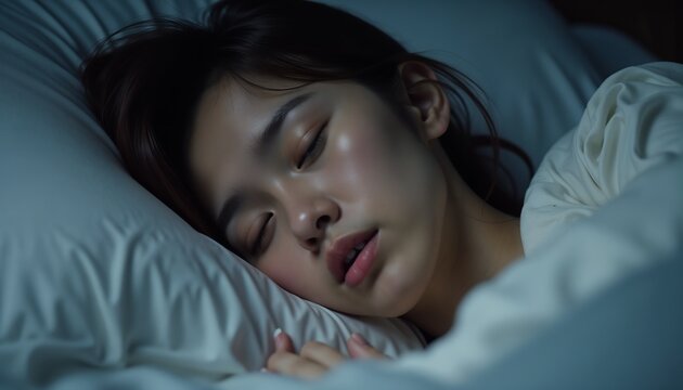 Low energy level, feeling of fatigue, drowsiness and tiredness, girl sleeping in bed, close-up portrait