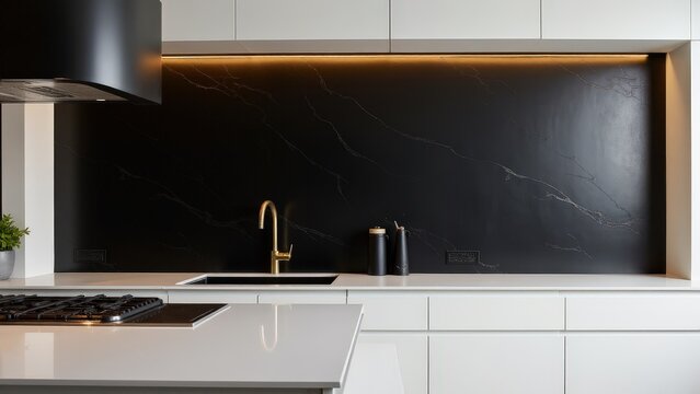 Subtle geometric patterns on a matte black backsplash provide texture to a contemporary kitchen with warm lighting and sleek countertops.