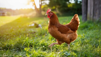 Fototapeta premium Sunrise Chicken Stroll: A vibrant image of a chicken ambling across a sun-drenched pasture, showcasing its rich plumage and natural environment.