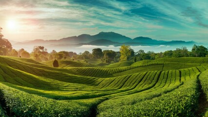 Fototapeta premium Tea Plantation Vista: Rolling tea fields stretch toward distant mountains under a vibrant, cloud-streaked sky, inviting a sense of serenity and the beauty of nature's craftsmanship.