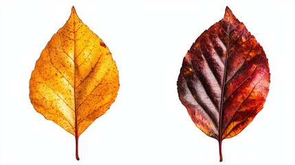 Contrasting autumn leaves: bright yellow and deep red foliage on white background