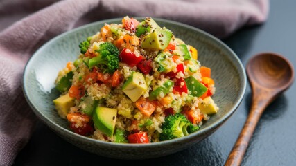 Quinoa Salad with Avocado: A colorful quinoa salad features fresh avocado chunks and a medley of other vibrant vegetables, served in a rustic bowl with a wooden spoon, symbolizing healthy eating.