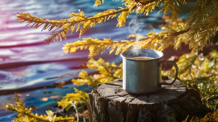Morning Brew on the Stump: A steaming cup of coffee sits perched atop a tree stump amidst the vibrant foliage of a forest, with a serene lake gently shimmering in the backdrop.