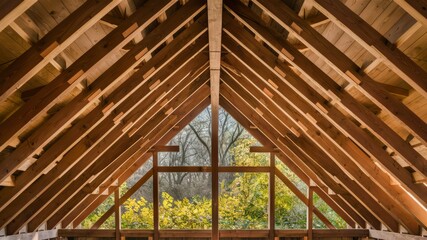 Wooden Framework:  A view of the architectural wooden framework of a building roof, with natural light coming through the opening, showcasing the structure and the surrounding landscape.