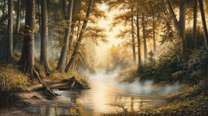 Fototapeta premium Serene Sunrise: Misty River Path in the Golden Forest