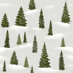 Green winter pine trees on snowdrift seamless pattern, hand draw Christmas paper