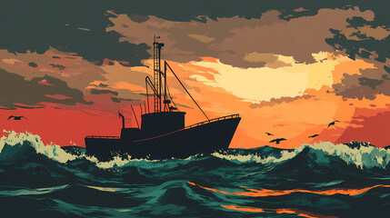 Obraz premium Silhouetted boat on stormy ocean at sunset. Stormy Ocean Tempest. Illustration