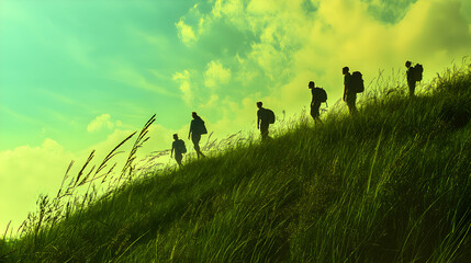 Grassland Adventure: Hikers Exploring Green Hills