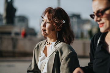 Two business people share ideas during an outdoor meeting. Captured in natural light, their expressions reflect collaboration and focus, creating an inspiring scene of workplace engagement.