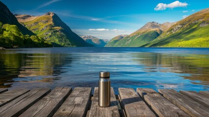 Serene Lakeside Moment: A stainless steel thermos rests on a weathered wooden dock overlooking a tranquil lake nestled amidst majestic mountains. The image evokes a sense of peace and adventure.