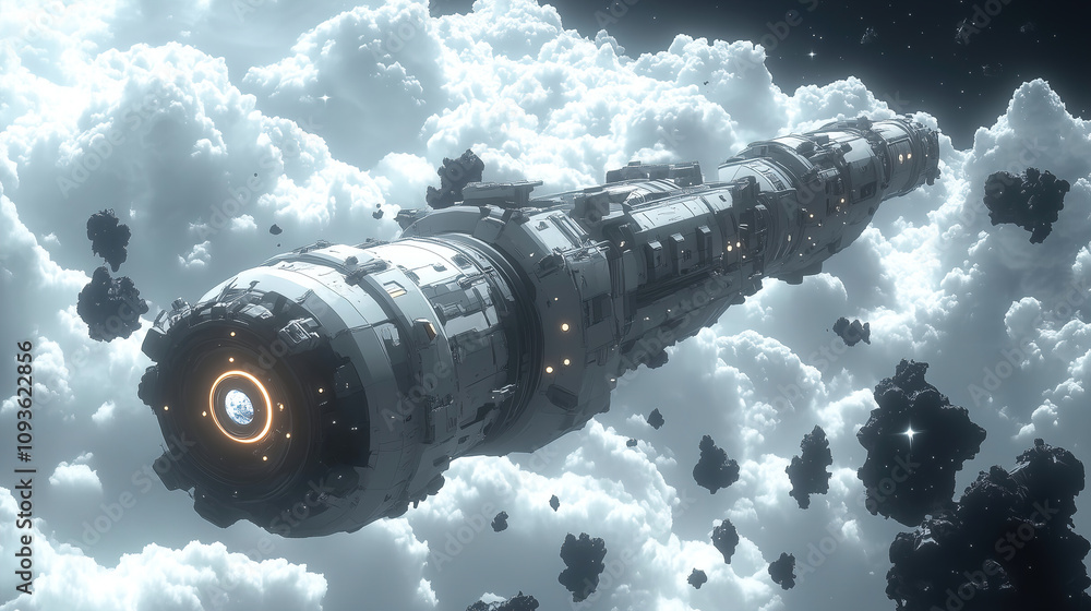 Poster spaceship cruising through cloud-like formations in deep space revealing advanced technology and a f