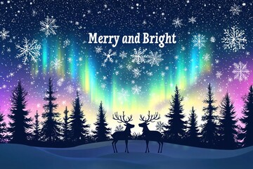 Obraz premium Tranquil winter scene with vivid Northern Lights dancing above a forest of silhouetted Christmas trees and reindeer, set under a starry sky. Text: 