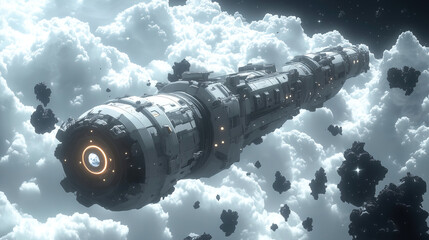 Spaceship cruising through cloud-like formations in deep space revealing advanced technology and a futuristic design. Generative AI