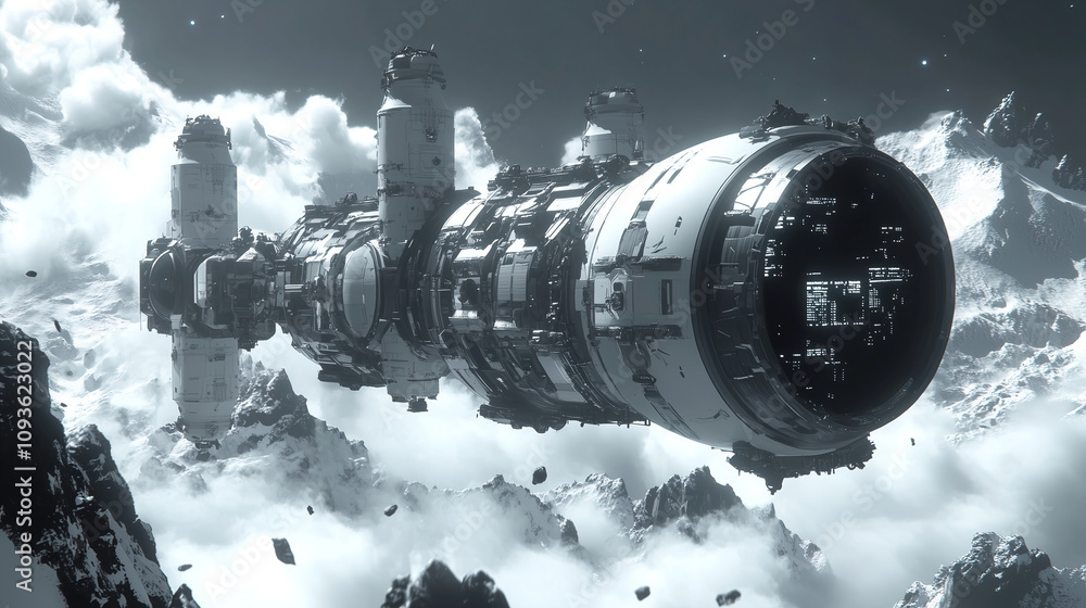 Aufkleber realistic spaceship flying above a rugged alien landscape surrounded by clouds and rocky formations 