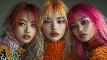 Naklejka premium Three young women with colorful hair styled in vibrant fashion, showcasing beauty and diversity.