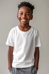 A young african american boy wearing a white t-shirt, grey background, mockup