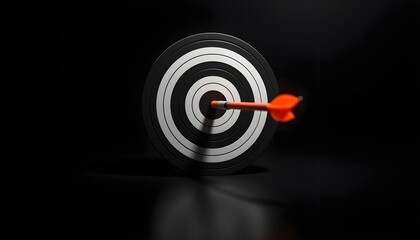 a minimalist target with a black and white design, showing a bright orange arrow hitting the bullseye, set on a smooth black background create with ai
