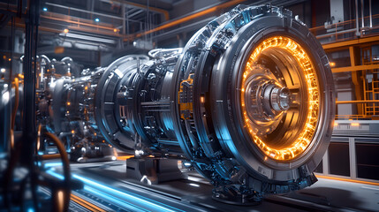 Futuristic Fusion Reactor: Turbine Engine, 3D Rendering, High-Tech Design, Vivid Colors