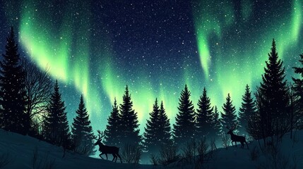 Fototapeta premium Tranquil winter scene with vivid Northern Lights dancing above a forest of silhouetted Christmas trees and reindeer, set under a starry sky