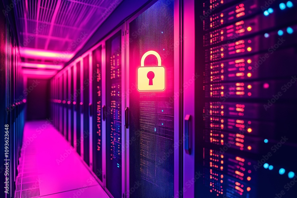 Poster cybersecurity server room: a glowing padlock symbol illuminates a row of servers in a futuristic dat