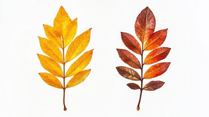 Fototapeta premium Vibrant autumn foliage: yellow and red leaves on white background