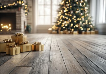 A Christmas tree with gifts underneath in a room with a large window