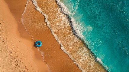 Fototapeta premium Coastal Serenity: An aerial perspective captures a serene coastline, where golden sands meet the turquoise ocean, with gentle waves caressing the shore.