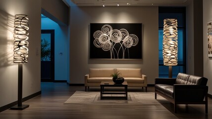 Here's a caption and keywords for your stock photo.. Modern living room with contemporary floor lamps, artwork, and seating.
