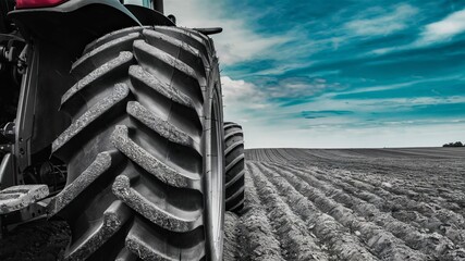 Tractor Wheel in Farm Field: A close-up, monochrome view of a tractor's tire on a field. The sky provides a vibrant contrast, symbolizing the harmony between technology and land. 