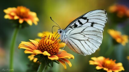 Butterfly on Flower: A delicate butterfly, with intricate patterns on its wings, gently rests on a vibrant yellow flower, showcasing nature's beauty in vivid detail.