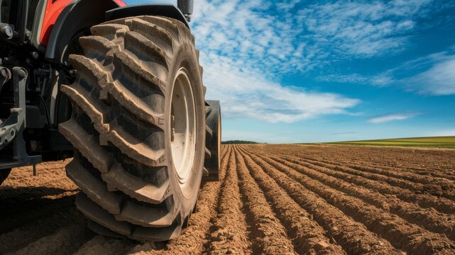 Fototapeta Tractor in the Field: A close-up of a tractor's massive tire, a symbol of agricultural power, rolling across a freshly plowed field under a vast, blue sky with a hint of cloud.