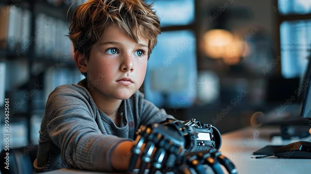 Aufkleber a young boy sits at a desk in a bright workspace, concentrating on a robotic hand. he is engaged in 