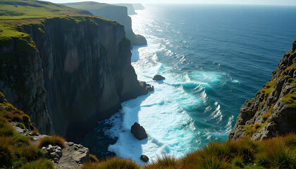 Ocean bay view from a high cliff, rugged coastline with waves crashing against rocks