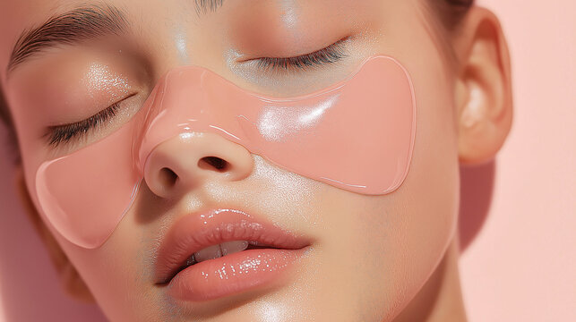 Young woman applying pink hydrogel patches under eyes for rejuvenating skin