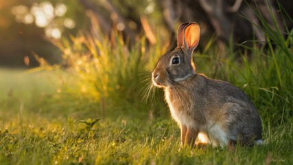 Golden Hour Rabbit: A charming rabbit basks in the warm golden light of sunset, sitting in a lush green field.