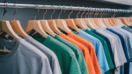 Fototapeta premium Color Spectrum Wardrobe: A vibrant row of multicolored t-shirts neatly hung on wooden hangers, displayed on a metallic clothing rack, capturing the essence of a stylish collection