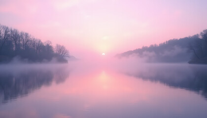 Fototapeta premium Serene lake shore at dawn in lavender fog, contemplative atmosphere, tranquil reflection
